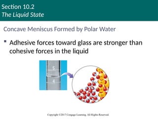 Section 10.2
The Liquid State
Copyright ©2017 Cengage Learning. All Rights Reserved.
Concave Meniscus Formed by Polar Water
 Adhesive forces toward glass are stronger than
cohesive forces in the liquid
Copyright © Cengage Learning. All rights reserved 33
 