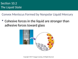 Section 10.2
The Liquid State
Copyright ©2017 Cengage Learning. All Rights Reserved.
Convex Meniscus Formed by Nonpolar Liquid Mercury
 Cohesive forces in the liquid are stronger than
adhesive forces toward glass
Copyright © Cengage Learning. All rights reserved 34
 