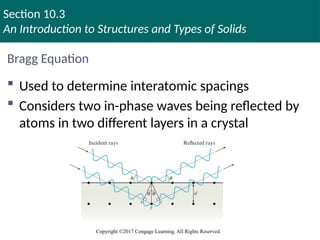 Section 10.3
An Introduction to Structures and Types of Solids
Copyright ©2017 Cengage Learning. All Rights Reserved.
Bragg Equation
 Used to determine interatomic spacings
 Considers two in-phase waves being reflected by
atoms in two different layers in a crystal
 