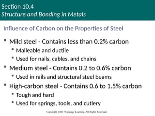 Section 10.4
Structure and Bonding in Metals
Copyright ©2017 Cengage Learning. All Rights Reserved.
Influence of Carbon on the Properties of Steel
 Mild steel - Contains less than 0.2% carbon
 Malleable and ductile
 Used for nails, cables, and chains
 Medium steel - Contains 0.2 to 0.6% carbon
 Used in rails and structural steel beams
 High-carbon steel - Contains 0.6 to 1.5% carbon
 Tough and hard
 Used for springs, tools, and cutlery
 