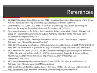 References AGROVOC Thesaurus  (Linked Data version 2011-). Food and Agriculture Organization of the United Nations.  Retrieved from : http://aims.fao.org/website/Linked-Open-Data/sub Dextre  Clarke, S .  G.  (2008). ISO 2788 + ISO 5964 + Much Energy = ISO 25964.  Bulletin of the American Society for Information Science and Technology . 35(1): 31–33. Functional Requirements for Subject Authority Data, A Conceptual Model  ( 2010 ) .  IFLA Working Group on Functional Requirements for Subject Authority Records (FRSAR).  Retrieved from : http://www.ifla.org/en/node/1297. Library of Congress Subject Headings  (Linked Data version 2009-). The Library of Congresss.  Retrieved from : http://id.loc.gov/authorities/ SKOS Core Vocabulary Specification. (2005). Eds. Miles, A. and Bechhofer, S. W3C Working Draft 10 May 2005.  Retrieved from : http://www.w3.org/TR/2005/WD-swbp-skos-core-spec-20050510/ SKOS eXtension for Labels (SKOS-XL). In: SKOS Simple Knowledge Organization System Reference (2009). Eds. Miles, A. and Bechhofer, S . W3C Recommendation. Appendix B.  Retrieved from: http://www.w3.org/TR/skos-reference/ http://www.w3.org/TR/2009/REC-skos-reference-20090818/#xl SKOS Simple Knowledge Organization System Primer (2009). Eds. Isaac, A. and Summers, E.  Retrieved from : http://www.w3.org/TR/skos-primer/ SKOS Simple Knowledge Organization System Reference (2009). Eds. Miles, A. and Bechhofer, S . W3C Recommendation.  Retrieved from : http://www.w3.org/TR/skos-reference/  Zumer & Zeng, ISKO-UK, 2011, London 
