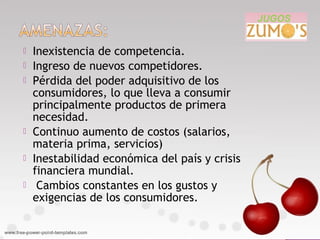 Inexistencia de competencia.
 Ingreso de nuevos competidores.
 Pérdida del poder adquisitivo de los
consumidores, lo que lleva a consumir
principalmente productos de primera
necesidad.
 Continuo aumento de costos (salarios,
materia prima, servicios)
 Inestabilidad económica del país y crisis
financiera mundial.
 Cambios constantes en los gustos y
exigencias de los consumidores.
 