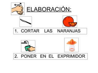 ELABORACIÓN:
1. CORTAR LAS NARANJAS
2. PONER EN EL EXPRIMIDOR
 