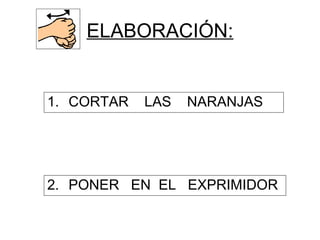 ELABORACIÓN:
1. CORTAR LAS NARANJAS
2. PONER EN EL EXPRIMIDOR
 