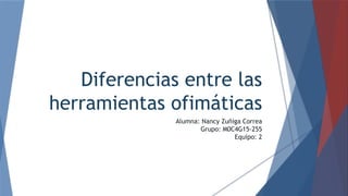 Diferencias entre las
herramientas ofimáticas
Alumna: Nancy Zuñiga Correa
Grupo: M0C4G15-255
Equipo: 2
 