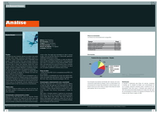 14-Concorrência




Análise

Revista Simples
                                                                                                                                                               Preço ao anunciante
                                                                                                                                                               Os preços aos anunciantes são os seguintes:

                                                                                             Editora: Wide Publishing
                                                                                             Periodicidade: bimensal
                                                                                             Tiragem: 30.000 exemplares
                                                                                             Formato fechado: 17x24 cm
                                                                                             Número de páginas: 144 páginas
                                                                                             Lombada: Quadrada




Produto                                                                                      moda e artes. Tais festas são reportadas em sites e colunas       Anunciantes
A Simples foca seu conteúdo editorial nos pilares: artes (artes                              sociais, como as da Érika Palomino e Gloria Kalil, garantindo
plásticas, teatro, design, arquitetura, decoração, cinema, en-                               visibilidade razoável para a marca.
tre outros), moda e comportamento tanto a identidade visual                                  Outra ação é a presença da Simples no stand da Motorola
quanto o material música. Entre suas principais seções es-                                   dentro do São Paulo Fashion Week de 2007, sendo distribuída
tão: Comissão de frente (traz trabalhos de artistas geralmente                               para todos os convidados do lounge Motorola SPFW. Sendo
anônimos para a maioria das pessoas), Artigos (de moda,                                      este o principal evento de moda da América Latina, a Simples
música, cinema e arte,) Vitrola (resenha de discos), Consumo,                                conquista um aumento significativo na percepção da marca
Viagem (produtos e lugares diferentes e inusitados), Simples,                                com um público qualificado e relevante para a revista.
né? (temas mais politizados) e HQ (quadrinhos ilustrados).
A revista ainda conta com a orientação do estilista Marcelo                                  Preço ao leitor
Sommer, que ajuda na seleção do conteúdo, de modo emi-                                         O preço de capa é R$ 10,00 e o da assinatura anual R$ 51,00
nente voltado ao universo fashion.                                                           por 6 edições.                                                                                                                                                 Gráfico (17) – Perfil do anunciante da Simples
Segundo Luciana Issa, designer sênior da Borghierh/Lowe, a                                   Existe também a possibilidade de compra das edições ante-                                                                                                      Fonte: Última três edições da revista
revista Simples possui um material impresso de alta qualidade                                riores com pedido feito pela Internet. Cada uma dessas custa
perceptível, e divulga em seu conteúdo editorial manifestações                               R$ 10,00, mais o preço referente à postagem, R$ 3,00.
culturais diferentes das publicadas por outros veículos (normal-
mente novas ou de vanguarda), contudo, relatadas de forma                                    Comunicação e relacionamento com o anunciante                     Os principais anunciantes da Simples são marcas com posi-                                     Distribuição
superficial devido ao fato da revista ser de comportamento.                                  Para falar diretamente com o anunciante, a Simples distribui      cionamento relacionado ao design, a arte, a modernidade e ao                                  A Simples é distribuída pela Dinap em bancas, revistarias
                                                                                             na área de mídia das agências uma espécie[26] de mídia kit        comportamento (moda). Elas receberam a denominação cool.                                      e livrarias de 16 cidades do Brasil, com concentração no
Público leitor                                                                               chamado Midiazine. Nele, é explicado em linhas gerais o que       Essas marcas procuram utilizar a imagem descolada da revista                                  sul e sudeste. Segundo pesquisa sobre a eficiência da dis-
A revista é voltada ao público jovem, entre 18 e 25 anos, de                                 é a revista, o público atingido (segundo pesquisas do próprio     para agregar valor ao seu produto.                                                            tribuição[27] feita pelo grupo, a Simples está presente em
alto poder aquisitivo e prioritariamente pertencente ao ambi-                                Grupo Simples), ficha técnica, periodicidade e tabela de                                                                                                        45% dos pontos-de-venda situados em locais com alto grau
ente universitário.                                                                          preço.                                                                                                                                                          de concentração do público de interesse da Revista Zupi na
                                                                                             Além disso, a Simples pertence à agência de comunicação                                                                                                         cidade de São Paulo e região do ABC.
Comunicação e relacionamento ao leitor                                                       Wide Group, que tem em seu portfólio de clientes empresas
Segundo Lovely Rita Menezes, sócia da Jokerman Postais                                       como Adidas, Banco Real, Citroen, Ellus, Esso, Motorola e
Publicitários e integrante do mailing list da revista, para cada                             Natura. Essa ligação entre agência e veículo faz com que os
lançamento, a Simples realiza uma grande festa com a pre-                                    clientes da primeira sejam influenciados a considerar a Simples
sença de artistas e profissionais renomados da área de design,                               para a divulgação de seus anúncios.


[26] O uso da palavra espécie é decorrente da linguagem do “mídia kit” da Revista Simples.                                                                     [27] Ver pesquisa quantitativa realizada em pontos de venda próximos a lugares estratégicos, no anexo 6.




66                                                                                                                                                                                                                                                                                                                  67
 