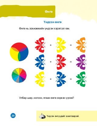20
¯íäñýí ºíãº
Óëáàð øàð, íîãîîí, ÿãààí ºíãº õýðõýí ¿¿ñýâ?
ªíãº íü çîõèîìæèéí ¿íäñýí õýðýãñýë þì.
ªíãº
¯íäñýí ºíã¿¿äèéã àæèãëààðàé.
 