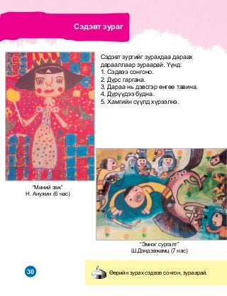 30 ªºðèéí çóðàõ ñýäâýý ñîíãîí, çóðààðàé.
Ñýäýâò çóðàã
“Ìèíèé ýýæ”
Í. Àíóæèí (6 íàñ)
“Ýìíýã ñóðãàëò”
Ø.Äýíäýâæàìö (7 íàñ)
Ñýäýâò çóðãèéã çóðàõäàà äàðààõ
äàðààëëààð çóðààðàé. ¯¿íä:
1. Ñýäâýý ñîíãîíî.
2. Ä¿ðñ ãàðãàíà.
3. Äàðàà íü äýâñãýð ºíãºº òàâèíà.
4. Ä¿ð¿¿äýý áóäíà.
5. Õàìãèéí ñ¿¿ëä õ¿ðýýëíý.
 