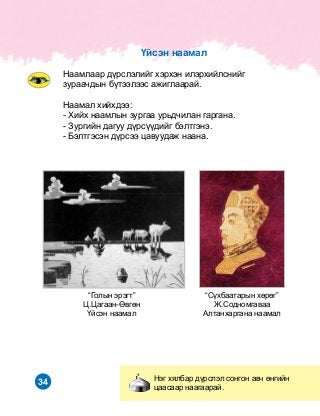 34
“Ñ¿õáààòàðûí õºðºã”
Æ.Ñîäíîìãàâàà
Àëòàíõàðãàíà íààìàë
“Ãîëûí ýðýãò”
Ö.Öàãààí-ªâãºí
¯éñýí íààìàë
Íýã õÿëáàð ä¿ðñëýë ñîíãîí àâ÷ ºíãèéí
öààñààð íààãààðàé.
Íààìëààð ä¿ðñëýëèéã õýðõýí èëýðõèéëñíèéã
çóðàà÷äûí á¿òýýëýýñ àæèãëààðàé.
Íààìàë õèéõäýý:
- Õèéõ íààìëûí çóðãàà óðüä÷èëàí ãàðãàíà.
- Çóðãèéí äàãóó ä¿ðñ¿¿äèéã áýëòãýíý.
- Áýëòãýñýí ä¿ðñýý öàâóóäàæ íààíà.
¯éñýí íààìàë
 