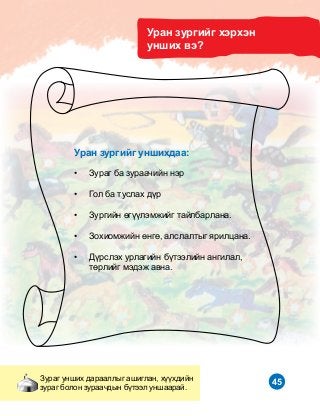 45
Óðàí çóðãèéã õýðõýí
óíøèõ âý?
Çóðàã óíøèõ äàðààëëûã àøèãëàí, õ¿¿õäèéí
çóðàã áîëîí çóðàà÷äûí á¿òýýë óíøààðàé.
Óðàí çóðãèéã óíøèõäàà:
•	 Çóðàã áà çóðàà÷èéí íýð
•	 Ãîë áà òóñëàõ ä¿ð
•	 Çóðãèéí ºã¿¿ëýìæèéã òàéëáàðëàíà.
•	 Çîõèîìæèéí ºíãº, àëñëàëòûã ÿðèëöàíà.
•	 Ä¿ðñëýõ óðëàãèéí á¿òýýëèéí àíãèëàë,
òºðëèéã ìýäýæ àâíà.
 