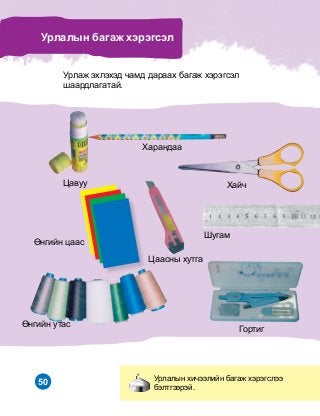 50 Óðëàëûí õè÷ýýëèéí áàãàæ õýðýãñëýý
áýëòãýýðýé.
Óðëàëûí áàãàæ õýðýãñýë
Õàðàíäàà
Óðëàæ ýõëýõýä ÷àìä äàðààõ áàãàæ õýðýãñýë
øààðäëàãàòàé.
Øóãàì
Ãîðòèã
Õàé÷Öàâóó
Öààñíû õóòãà
ªíãèéí óòàñ
ªíãèéí öààñ
 