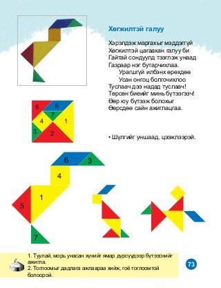 73
1. Òóóëàé, ìîðü óíàñàí õ¿íèéã ÿìàð ä¿ðñ¿¿äýýð á¿òýýñíèéã
àæèãëà.
2. Òîãëîîìûã äàäëàãà àæëààðàà õèéæ, ãî¸ òîãëîîìòîé
áîëîîðîé.
Õºãæèëòýé ãàëóó
Õýðýëäýæ ìàðãàõûã ìýääýãã¿é
Õºãæèëòýé öàãààõàí ãàëóó áè
Ãàéòàé ñîíäóóëä òýýãëýæ óíààä
Ãàçðààð íýã áóòàð÷èõëàà.
Óðàãøã¿é èëáýíõ ºðºõäºº
Óñàí îíãîö áîëãî÷èõëîî
Òóñëàà÷ äýý íàäàä òóñëàà÷!
Òºðñºí áèåèéã ìèíü á¿òýýãýý÷!
ªºð þó á¿òýýæ áîëîõûã
ªºðñäºº ñàéí àæèãëàöãàà.
• Ø¿ëãèéã óíøààä, öýýæëýýðýé.
1
23
4
5 6
7
1
5
3
7
4
6
 