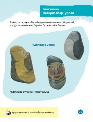 75×óëóó àøèãëàí óðëàãèéí á¿òýýë õèéíý ¿¿.
Áàéãàëèéí
ìàòåðèàëààð óðëàÿ
Íàâ÷,öýöýã,òºðºëá¿ðèéíóðãàìëûíõàòààìàë,áîðãîöîé,
÷óëóóã àøèãëàí ÿíç á¿ðèéí á¿òýýë õèéæ áîëíî.
×óëóóãààð á¿òýýñýí ÷èìýãëýë¿¿ä
×óëóóãààð óðëàÿ
 