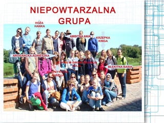 NIEPOWTARZALNA
             GRUPA
           HOŻA
           HANKA


                                 AMBITNA ANIA   KRZEPKA
                                                 KINGA




AROGANCKA AGNIESZKA

                       JEDYNA W SWOIM RODZAJU
                                JULIA                BŁĘKITNA BASIA
                   AUTENTYCZNA
                     AURELIA
 