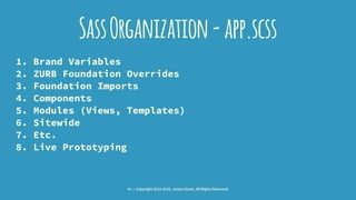 SassOrganization-app.scss
1. Brand Variables
2. ZURB Foundation Overrides
3. Foundation Imports
4. Components
5. Modules (...