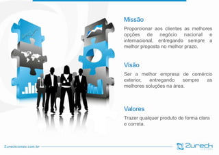 Missão
Proporcionar aos clientes as melhores
opções de negócio nacional e
internacional, entregando sempre a
melhor proposta no melhor prazo.

Visão
Ser a melhor empresa de comércio
exterior,
entregando
sempre
as
melhores soluções na área.

Valores
Trazer qualquer produto de forma clara
e correta.

 