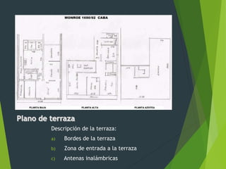 Descripción de la terraza:
a) Bordes de la terraza
b) Zona de entrada a la terraza
c) Antenas inalámbricas