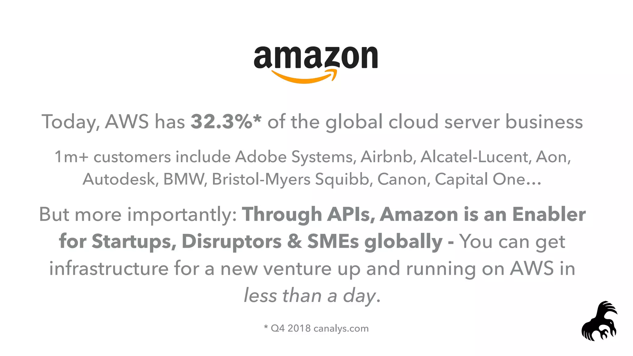 Today, AWS has 32.3%* of the global cloud server business
1m+ customers include Adobe Systems, Airbnb, Alcatel-Lucent, Aon,
Autodesk, BMW, Bristol-Myers Squibb, Canon, Capital One…
But more importantly: Through APIs, Amazon is an Enabler
for Startups, Disruptors & SMEs globally - You can get
infrastructure for a new venture up and running on AWS in
less than a day.
* Q4 2018 canalys.com
 