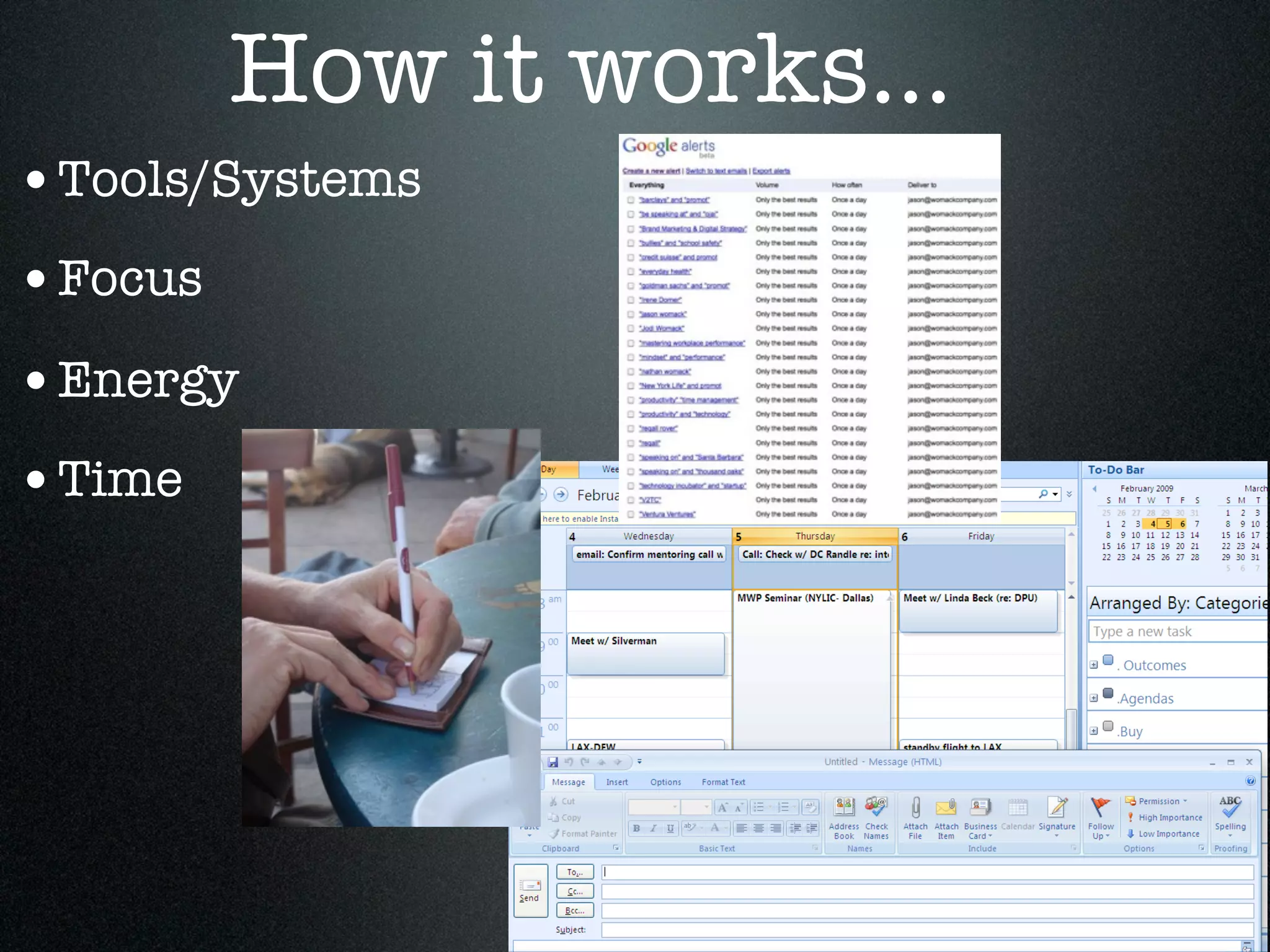 How it works...
•Tools/Systems
•Focus
•Energy
•Time
 
