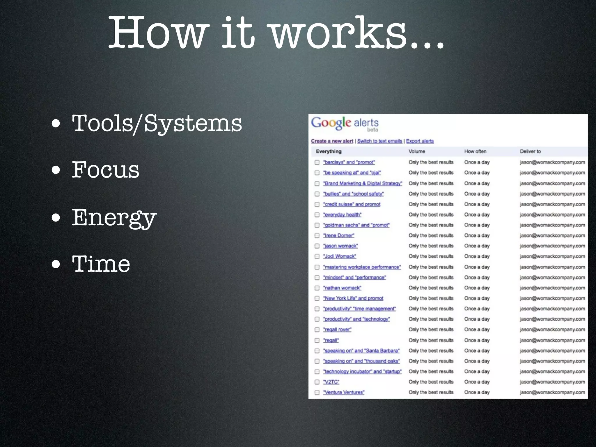 How it works...
• Tools/Systems
• Focus
• Energy
• Time
 
