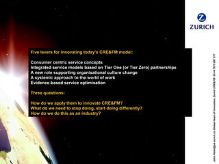 Five levers for innovating today’s CRE&FM model:
Consumer centric service concepts
Integrated service models based on Tier One (or Tier Zero) partnerships
A new role supporting organisational culture change
A systemic approach to the world of work
Evidence-based service optimisation
Three questions:
How do we apply them to innovate CRE&FM?
What do we need to stop doing, start doing differently?
How do we do this as an industry?
John.Hinks@uk.zurich.coGlobalHeadofInnovation,ZurichCRE&FM00447875887877
 