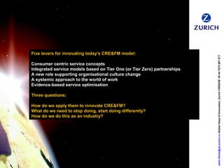 Five levers for innovating today’s CRE&FM model:
Consumer centric service concepts
Integrated service models based on Tier One (or Tier Zero) partnerships
A new role supporting organisational culture change
A systemic approach to the world of work
Evidence-based service optimisation
Three questions:
How do we apply them to innovate CRE&FM?
What do we need to stop doing, start doing differently?
How do we do this as an industry?
John.Hinks@uk.zurich.coGlobalHeadofInnovation,ZurichCRE&FM00447875887877
 