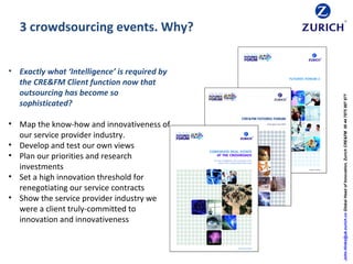 John.Hinks@uk.zurich.coGlobalHeadofInnovation,ZurichCRE&FM00447875887877
• Exactly what ‘Intelligence’ is required by
the CRE&FM Client function now that
outsourcing has become so
sophisticated?
• Map the know-how and innovativeness of
our service provider industry.
• Develop and test our own views
• Plan our priorities and research
investments
• Set a high innovation threshold for
renegotiating our service contracts
• Show the service provider industry we
were a client truly-committed to
innovation and innovativeness
3 crowdsourcing events. Why?
 