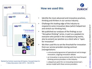 How we used this
4
• Identify the most advanced and innovative practices,
thinking and thinkers in our service industry.
• Challenge this leading edge of the industry to
respond to some innovative ideas (which helped test
and stretch our thinking too).
• We published our analyses of the findings as our
”disruptive thinking” series, in part as a payback to
everyone who joined in the crowdsourcing events,
also to cement our position as a client who is “open
for innovation”
• We then used this to set the threshold for innovation
from our service providers during contract
(re)negotiations:
= a structured programme of operational and strategic
innovation, ongoing innovation debate
= an innovative re-procurement with the most forward
thinking service providers in the industry
= a departure point for co-innovating tomorrow’s
service model with these service providers
Started by horizon scanning (24 topics), focused down to
1 deep discussion (Jan 2012 – Oct 2013).
.
John.Hinks@uk.zurich.coGlobalHeadofInnovation,ZurichCRE&FM00447875887877
 
