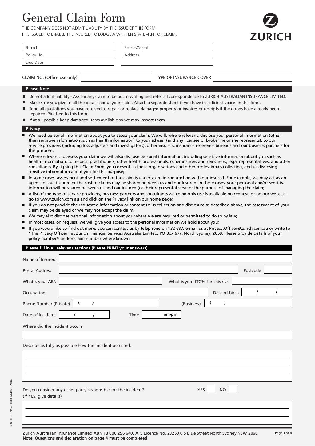 Zurich General Claim Form