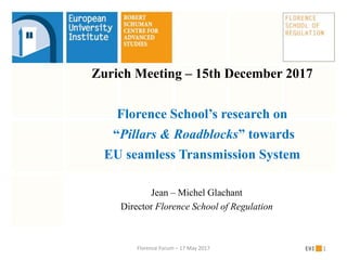 Zurich Meeting – 15th December 2017
Florence School’s research on
“Pillars & Roadblocks” towards
EU seamless Transmission System
Jean – Michel Glachant
Director Florence School of Regulation
Florence Forum – 17 May 2017 1
 