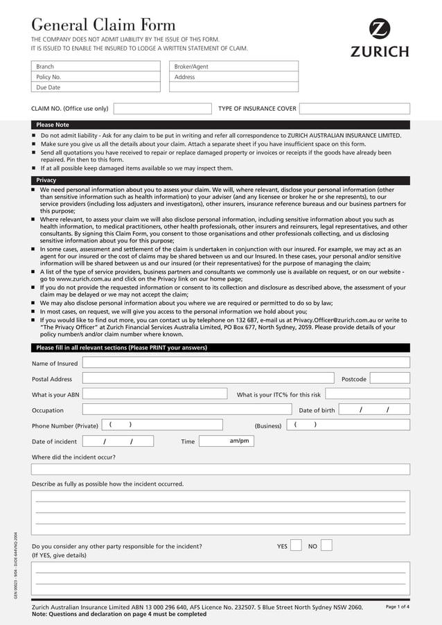 Zurich Property Claim Form PDF
