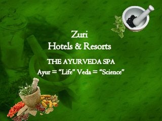 Zuri
Hotels & Resorts
THE AYURVEDA SPA
Ayur = “Life” Veda = “Science”

 
