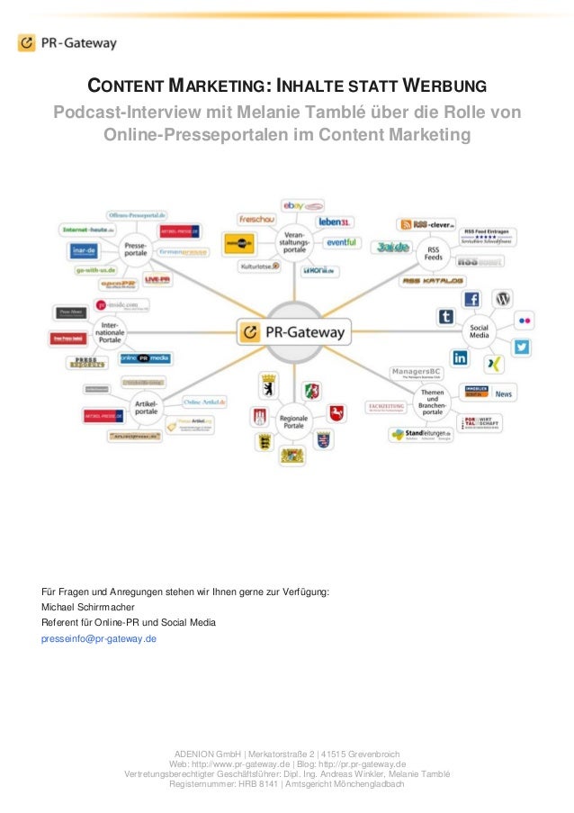 ADENION GmbH | Merkatorstraße 2 | 41515 Grevenbroich
Web: http://www.pr-gateway.de | Blog: http://pr.pr-gateway.de
Vertret...