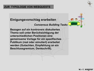 Einigungsvorschlag erarbeiten   Consensus Building Tasks Bezogen auf ein kontrovers diskutiertes Thema soll unter Berücksichtigung der unterschiedlichen Positionen eine gemeinsame Vorlage für ein spezifisches Publikum (real oder simuliert) erarbeitet werden (Gutachten, Empfehlung an ein Beschlussgremium, Denkschrift). ZUR  TYPOLOGIE VON WEBQUESTS 