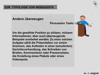 Andere überzeugen  Persuasion Tasks Um die gewählte Position zu stützen, müssen Informationen, aber auch überzeugende Beispiele erarbeitet werden. Zu einer solchen Aufgabe zählt die Präsentation vor einem Gremium, das Auftreten in einer (simulierten) Gerichtsverhandlung, das Schreiben von Briefen, Kommentaren oder Pressenotizen, die Erstellung eines Plakats oder eines Videospots. ZUR  TYPOLOGIE VON WEBQUESTS 