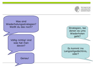 Was sind
Wiederholungsstrategien?
Weißt du das noch? Strategien, bei
denen es ums
Wiederholen
geht?
Völlig richtig! Und
was hat man
davon?
Es kommt ins
Langzeitgedächtnis,
oder?
Genau!
 