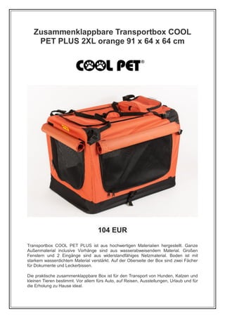 Zusammenklappbare transportbox cool pet plus 2 xl orange 91 x 64 x 64 cm