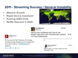 Unless otherwise indicated, these slides are © 2013-2016 Pivotal Software, Inc. and licensed under a Creative Commons Attribution-
NonCommercial license: http://creativecommons.org/licenses/by-nc/3.0/
2011 - Streaming Success / General Instability
• Massive Growth
• Rapid device expansion
• Pushing AWS limits
• Netflix Nascent in AWS
19
 