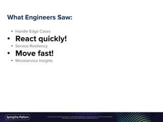 Unless otherwise indicated, these slides are © 2013-2016 Pivotal Software, Inc. and licensed under a Creative Commons Attribution-
NonCommercial license: http://creativecommons.org/licenses/by-nc/3.0/
What Engineers Saw:
• Handle Edge Cases
• React quickly!
• Service Resiliency
• Move fast! ←
• Microservice Insights
29
 