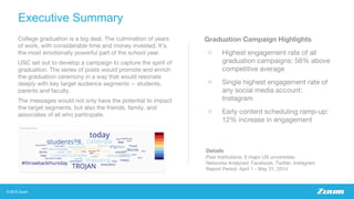Executive Summary
Graduation Campaign Highlights
❖ Highest engagement rate of all
graduation campaigns: 58% above
competitive average
❖ Single highest engagement rate of
any social media account:
Instagram
❖ Early content scheduling ramp-up:
12% increase in engagement
College graduation is a big deal. The culmination of years
of work, with considerable time and money invested. It’s
the most emotionally powerful part of the school year.
USC set out to develop a campaign to capture the spirit of
graduation. The series of posts would promote and enrich
the graduation ceremony in a way that would resonate
deeply with key target audience segments -- students,
parents and faculty.
The messages would not only have the potential to impact
the target segments, but also the friends, family, and
associates of all who participate.
Details
Peer Institutions: 9 major US universities
Networks Analyzed: Facebook, Twitter, Instagram
Report Period: April 1 - May 31, 2014
 