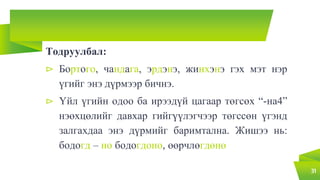 Тодруулбал:
⊳ Бортого, чандага, эрдэнэ, жинхэнэ гэх мэт нэр
үгийг энэ дүрмээр бичнэ.
⊳ Үйл үгийн одоо ба ирээдүй цагаар төгсөх “-на4”
нэөхцөлийг давхар гийгүүлэгчээр төгссөн үгэнд
залгахдаа энэ дүрмийг баримтална. Жишээ нь:
бодогд – но бодогдоно, өөрчлөгдөнө
31
 
