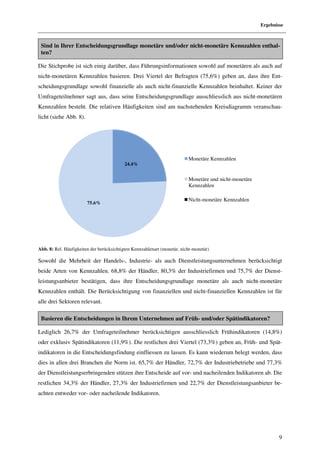 Ergebnisse



 Sind in Ihrer Entscheidungsgrundlage monetäre und/oder nicht monetäre Kennzahlen entha
                                                        nicht-monetäre            enthal-
 ten?

Die Stichprobe ist sich einig darüber, dass Führungsinformationen sowohl auf monetären als auch auf
nicht-monetären Kennzahlen basieren. Drei Viertel der Befragten (75,6%) geben an, dass ihre En
      monetären                                                                             Ent-
scheidungsgrundlage sowohl finanzielle als auch nicht finanzielle Kennzahlen beinhaltet. Keiner der
                                                nicht-finanzielle
Umfrageteilnehmer sagt aus, dass seine Entscheidungsgrundlage ausschliesslich aus nicht
                                                                                  nicht-monetären
Kennzahlen besteht. Die relativen Häufigkeiten sind am nachstehenden Kreisdiagramm veranscha
                                                                                   veranschau-
licht (siehe Abb. 8).




                                                                          Monetäre Kennzahlen
                                           24.4%


                                                                          Monetäre und nicht-
                                                                                            -monetäre
                                                                          Kennzahlen

                                                                          Nicht-monetäre Kennzahlen
                                                                                monetäre
                        75.6%




Abb. 8: Rel. Häufigkeiten der berücksichtigten Kennzahlenart (monetär, nicht
                                                                       nicht-monetär)

Sowohl die Mehrheit der Handels Industrie- als auch Dienstleistungsunternehmen berücksichtigt
                        Handels-,                        tleistungsunternehmen
beide Arten von Kennzahlen. 68,8% der Händler, 80,3% der Industriefirmen und 75,7% der Diens
                                                                                       Dienst-
leistungsanbieter bestätigen, dass ihre Entscheidungsgrundlage monetäre als auch nicht
                                                                                 nicht-monetäre
Kennzahlen enthält. Die Berücksichtigung von finanziellen und nicht finanziellen Kennzahlen ist für
                              sichtigung                      nicht-finanziellen
alle drei Sektoren relevant.

 Basieren die Entscheidungen in Ihrem Unternehmen auf Früh und/oder Spätindikatoren?
                                                      Früh-

Lediglich 26,7% der Umfrageteilnehmer berücksichtigen ausschliesslich Frühindikatoren (14,8%)
oder exklusiv Spätindikatoren (11,9%). Die restlichen drei Viertel (73,3%) geben an, Früh und Spät-
                                                                                     Früh-
indikatoren in die Entscheidungsfindung einfliessen zu lassen. Es kann wiederum belegt werden, dass
dies in allen drei Branchen die Norm ist. 65,7% der Händler, 72,7% der Industriebetriebe und 77,3%
                                Norm
der Dienstleistungserbringenden stützen ihre Entscheide auf vor und nacheilenden Indikatoren ab. Die
                                                            vor-
restlichen 34,3% der Händler, 27,3% der Industriefirmen und 22,7% der Dienstleistungsanb
                                                                      Dienstleistungsanbieter be-
achten entweder vor- oder nacheilende Indikatoren.




                                                                                                                9
 