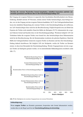 Ergebnisse



   Werden die externen Werttreiber formal festgehalten, mündlich besprochen und/oder zur
   Kenntnis genommen und fliessen diese in die Entscheidungsgrundlage ein?

Der Umgang mit exogenen Faktoren ist angesichts ihrer beschränkten Beeinflussbarkeit eine Heraus-
forderung. Deshalb sind die 167 Personen, welche externe Treiber berücksichtigen, dazu befragt wor-
den, wie sie den Umgang mit den exogenen Faktoren handhaben. 64,7% der Umfrageteilnehmer/innen
lassen die mündliche Besprechung der externen Treiber in die Entscheidungsfindung mit einfliessen,
nur 3,6% berücksichtigen diese nicht bei der Beschlussfassung. Folglich bespricht etwa ein Drittel der
Experten die Treiber nicht mündlich. Rund die Hälfte der Befragten (52,7%) dokumentiert die exoge-
nen Faktoren formal und beachtet diese in der Entscheidungsgrundlage. Wiederum lediglich 3,6% der
Teilnehmer halten die exogenen Treiber zwar formal fest, aber berücksichtigen diese Dokumentation
nicht bei der Beschlussfassung. Bei der Kenntnisnahme resultieren die gleichen Ergebnisse. Rund die
Hälfte der Umfrageteilnehmer nimmt die exogenen Treiber zur Kenntnis und lässt ihre Entscheidungs-
findung dadurch beeinflussen. Bei lediglich 3,0% der Stichprobe, welche die Treiber zur Kenntnis
nimmt, ist diese kein Bestandteil der Entscheidungsfindung. Welche Umgangsformen mit den exoge-
nen Treiber am häufigsten genannt werden, ist im untenstehenden Balkendiagramm ersichtlich (siehe
Abb. 17).


                                   Mündliche Besprechung fliesst in
                                                                                                     64.7%
                                    Entscheidungsgrundlage ein


                                   Formale Dokumentation fliesst in
                                                                                                52.7%
                                     Entscheidungsgrundlage ein
Umgangsformen




                Kenntnisnahme fliesst in Entscheidungsgrundlage ein                            52.1%



                             Mündliche Besprechung fliesst nicht in
                                                                            3.6%
                                 Entscheidungsgrundlage ein


                             Formale Dokumentation fliesst nicht in
                                                                            3.6%
                                 Entscheidungsgrundlage ein


                                      Kenntnisnahme fliesst nicht in
                                                                            3.0%
                                       Entscheidungsgrundlage ein

                                                                       0%      20%     40%      60%      80%      100%
                                                                                     Relative Häufigkeit


Abb. 17: Rel. Häufigkeiten der einzelnen Umgangsformen mit externen Werttreibern

   Schlussfolgerung:
   Wenn exogene Treiber zur Kenntnis genommen, besprochen oder formal dokumentiert werden,
   werden diese in der Regel auch bei der Entscheidungsfindung berücksichtigt.


                                                                                                                     18
 