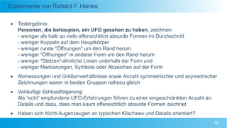Experimente von Richard F. Haines
 Testergebnis:
Personen, die behaupten, ein UFO gesehen zu haben, zeichnen:
- weniger a...