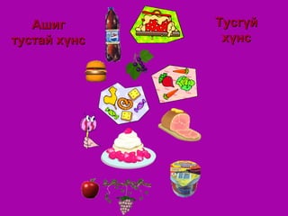 Ашиг
тустай хүнс

Тусгүй
хүнс

 