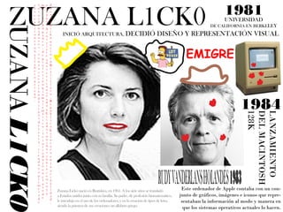 ZUZANA L1CK0 
Zuzana Licko nació en Bratislava, República Eslovaca en la actualidad, 
en 1961. A los siete años se transladó a Estados unidos junto con su fa- 
milia. Su padre, de profesión biomatemático, le introdujo en el uso de 
los ordenadores, y en la creación de tipos de letra, siendo la primera de 
sus creaciones un alfabeto griego. 
UZANA L1CK0 
INICIÓ ARQUITECTURA, DECIDIÓ DISEÑO Y REPRESENTACIÓN VISUAL 
Zuzana Licko nació en Bratislava, en 1961. A los siete años se transladó 
a Estados unidos junto con su familia. Su padre, de profesión biomatemático, 
le introdujo en el uso de los ordenadores, y en la creación de tipos de letra, 
siendo la primera de sus creaciones un alfabeto griego. 
1981 
UNIVERSIDAD 
DE CALIFORNIA EN BERKELEY 
1984 
EMIGRE 
RUDY VANDERLANS HOLANDÉS 1983 
LANZAMIENTO 
DEL MACINTOSH 
128K 
Este ordenador de Apple contaba con un con-junto 
de gráficos, imágenes e iconos que repre-sentaban 
la información al modo y manera en 
que los sistemas operativos actuales lo hacen. 
 