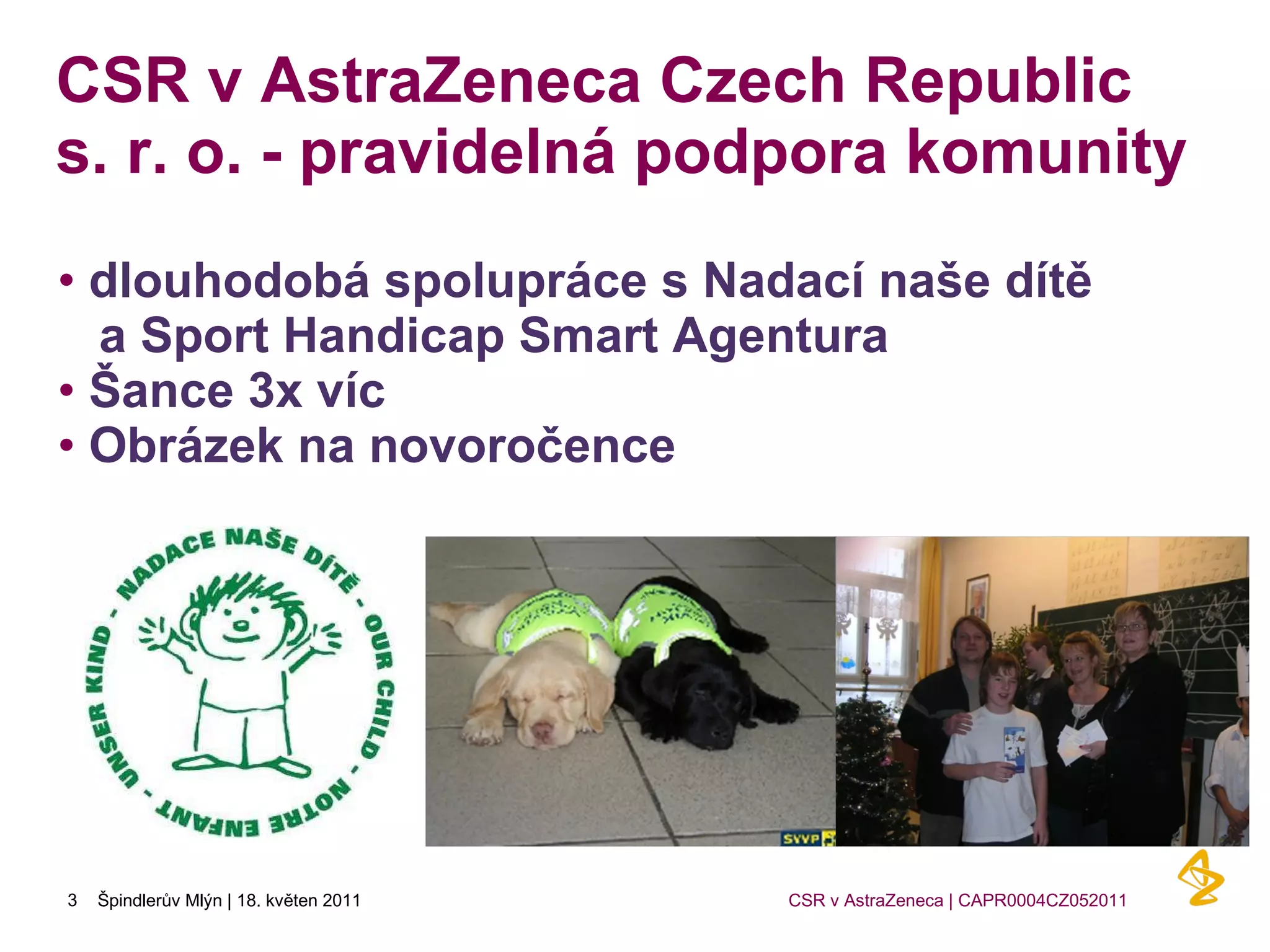CSR v AstraZeneca Czech Republic s. r. o. - pravidelná podpora komunity dlouhodobá spolupráce s Nadací naše dítě  a Sport Handicap Smart Agentura Šance 3x víc Obrázek na novoročence 