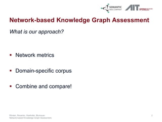 Network-based Knowledge Graph Assessment
What is our approach?
 Network metrics
 Domain-specific corpus
 Combine and compare!
2Rörden, Revenko, Haslhofer, Blumauer:
Network-based Knowledge Graph Assessment.
 