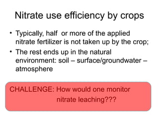 Nitrate use efficiency by crops 
• Typically, half or more of the applied 
nitrate fertilizer is not taken up by the crop; 
• The rest ends up in the natural 
environment: soil – surface/groundwater – 
atmosphere 
CHALLENGE: How would one monitor 
nitrate leaching??? 
 