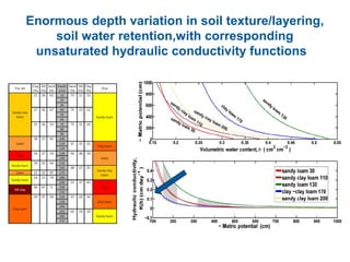 Enormous depth variation in soil texture/layering, 
soil water retention,with corresponding 
unsaturated hydraulic conductivity functions 
 